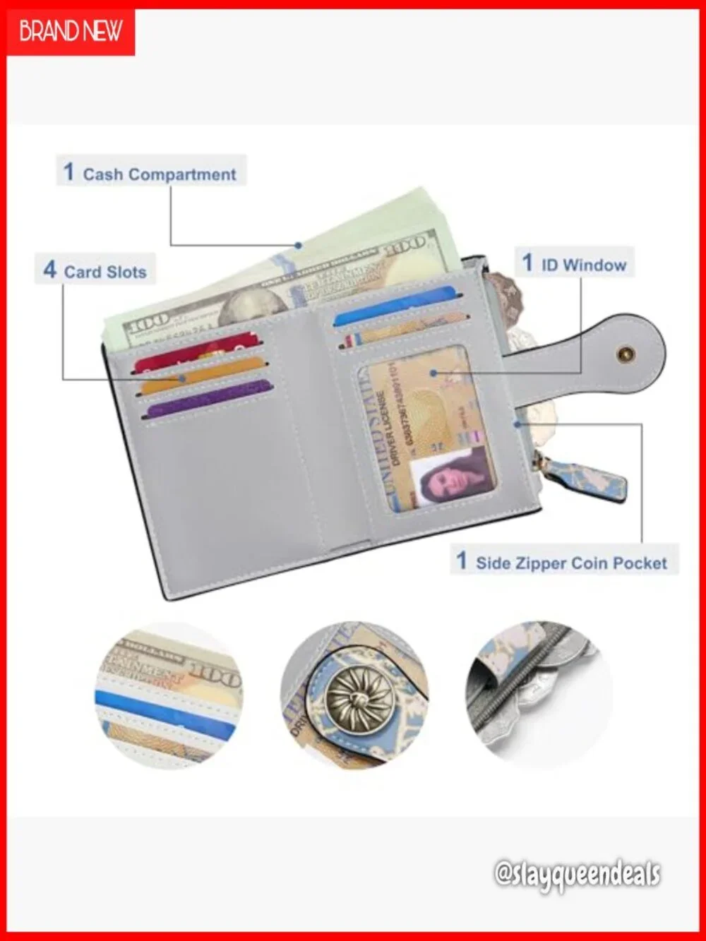 Small Leather Bifold Wallet with RFID Blocking and Zipper Coin Pocket